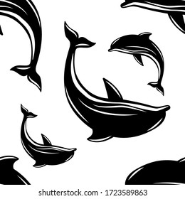 Dolphin. Vector illustration, flat style. Black and white. Seamless pattern