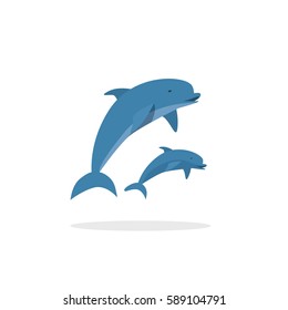 Dolphin vector illustration, flat style two jumping happy dolphins isolated on white background  