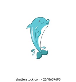 Dolphin vector illustration isolated on white background. Cute smiling character for icon, card, logo. Hand drawn cartoon animal print for kids or babies t-shirt design, room decoration, greeting card