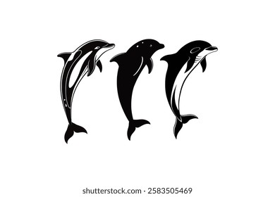 dolphin vector illustration. Jumping dolphins set. 
Dolphin silhouettes vector set, large pack of vector silhouette design, isolated white background. 