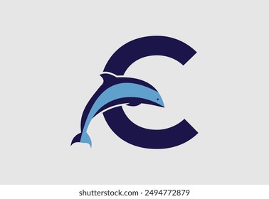 Ilustración vectorial de delfín y letra C para ícono,