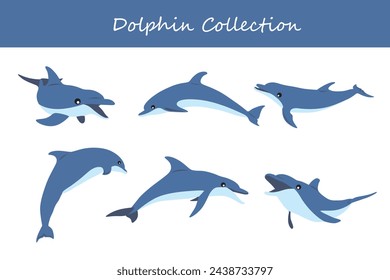 Dolphin vector illustration set. Different poses and expressions of dolphin.