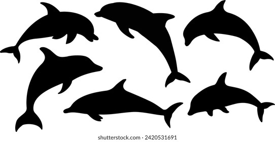 Vector de delfín aislado en la ilustración de fondo blanco, pescado del mar, delfines de coqueta de natación, 
silueta delfín par.