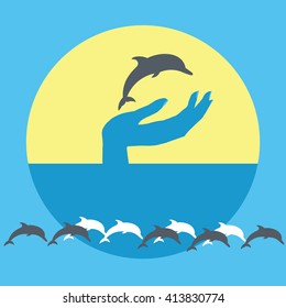 Dolphin - vector sign concept illustration. Dolphin, sea waves, sun - vector concept illustration. Vector logo template. Design element.