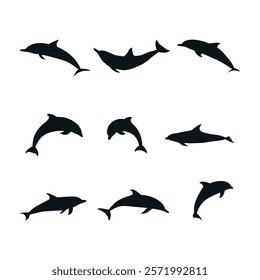 Dolphin Vector Silhouette Collection. Set Of Dolphin Fish Icons Vector Fish Silhouette Animal Wildlife