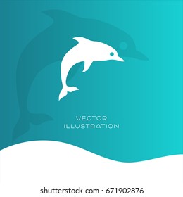 Dolphin vector silhouette icon on gradient background. Summer flat illustration