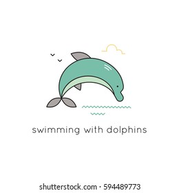 Dolphin vector thin line icon. Colored isolated symbol. Logo template, element for travel agency products, tour brochure, excursion banner. Simple mono linear modern design.