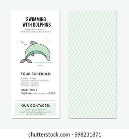 Dolphin vector vertical banner template. The tour announcement. For travel agency products, tour brochure, excursion banner. Simple mono linear modern design.