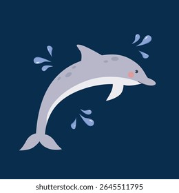 Dolphin with water splashes around on isolated background.Vector illustration cartoon flat style