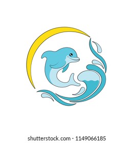 Dolphin, wave and sun