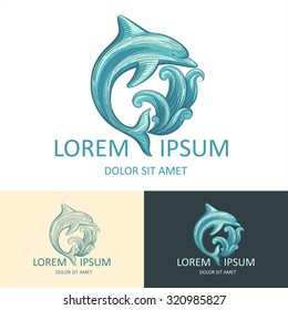 Dolphin and wave vector logo template with sample text. Isolated logotype icon.