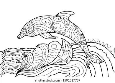 a dolphin with waves in the sea drawn by hand on a white background, coloring vector