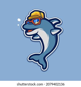 Dolphin wearing glasses and hat mascot logo design illustration vector	