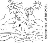 Dolphin Wearing Pirate Hat Coloring Page. Funny animal illustration colouring for kids