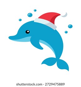 Delfín con sombrero de santa salpicando agua alegre navidad océano animal Ilustración vectorial