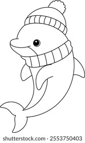 Dolphin wearing scarf coloring page. Funny animal illustration colouring for kids