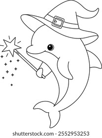 Dolphin wearing witch hat coloring page. Funny animal illustration colouring for kids