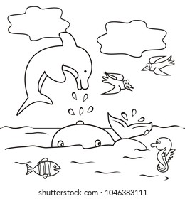 Dolphin, whale, birds, seahorses, and fish in the sea. Coloring page for kids. Vector illustration.