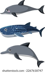 Dolphin and whale cartoon set illustration