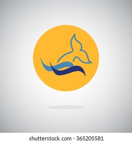 Dolphin, whale fin and water splash round flat yellow  icon
