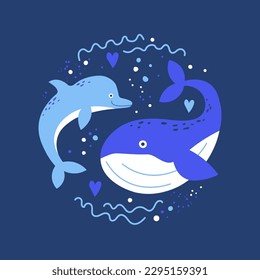 Dolphin and whale. Hand drawn illustration of marine mammals in the sea. Day of whales and dolphins, Day of the oceans, protection and rescue of sea creatures. Characters in cartoon flat style. Vector