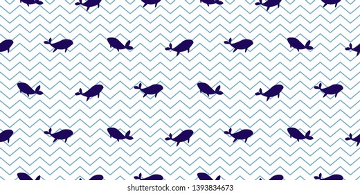 Dolphin and whale seamless vector pattern. Cartoon style blue striped fish simple background. Sea life print.