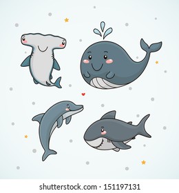 Dolphin, whale, shark, hammerhead shark. 
