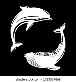 Dolphin and Whale. Vector illustration, flat style. Black and white.