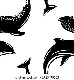 Dolphin and Whale. Vector illustration, flat style. Seamless pattern. Black and white