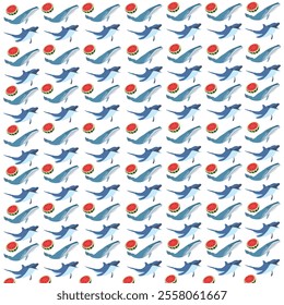 dolphin, whale with watermelon as a pattern background