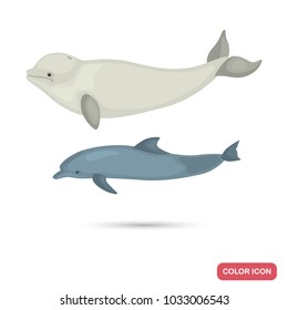 Dolphin and white whale color flat icons set