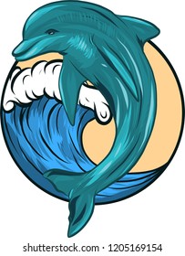 The dolphin who is jumping out of sea water on white background, isolated. Vector illustration.