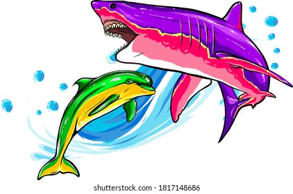 The dolphin who is jumping out of sea water on white background, isolated. Vector illustration.