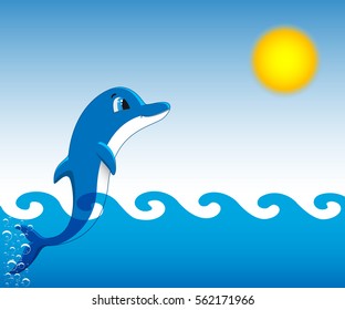 Dolphin who is jumping out of sea water against the blue sky and the sun. Vector illustration.