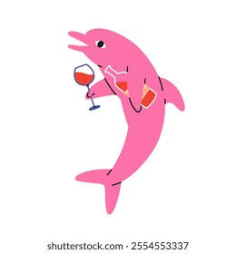 Dolphin with wineglass and bottle. Funny marine character, sommelier, celebrating underwater party with toast. Sea fish with wine, alcohol. Flat vector illustration isolated on white background