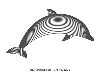 Dolphin wireframe line art. Abstract marine mammal made of curved lines. Vector illustration. Ocean animal silhouette with striped line structure. Environmental awareness, conservation, nature logos.