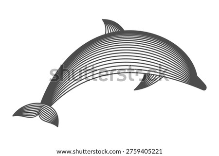 Dolphin wireframe line art. Abstract marine mammal made of curved lines. Vector illustration. Ocean animal silhouette with striped line structure. Environmental awareness, conservation, nature logos.