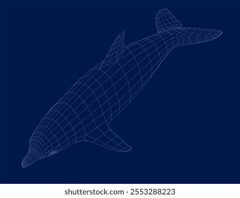 Dolphin wireframe made of blue lines isolated on dark background. Isometric view. 3D.