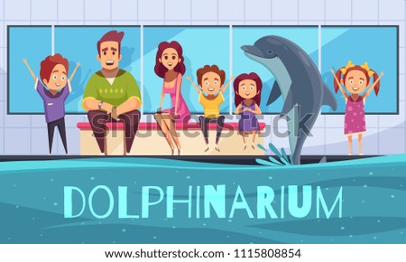 Dolphinarium background with view of dolphin jumping out of the pool and cartoon characters of people vector illustration