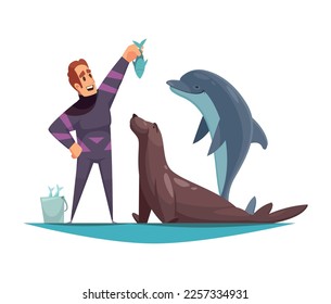 Dolphinarium composition with doodle style characters of staff and sea animals vector illustration