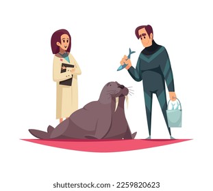 Dolphinarium composition with doodle style characters of staff and sea animals vector illustration