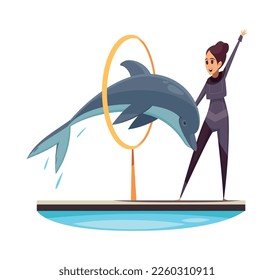 Dolphinarium composition with doodle style characters of staff and sea animals vector illustration
