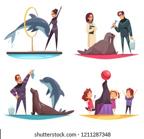 Dolphinarium design concept with flat human characters of animal handlers and feeders with animals and kids vector illustration