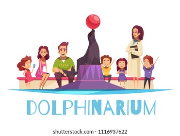 Dolphinarium Flat Background Composition With Text And Cartoon Style Human Characters Of Family Members And Interpreter Vector Illustration