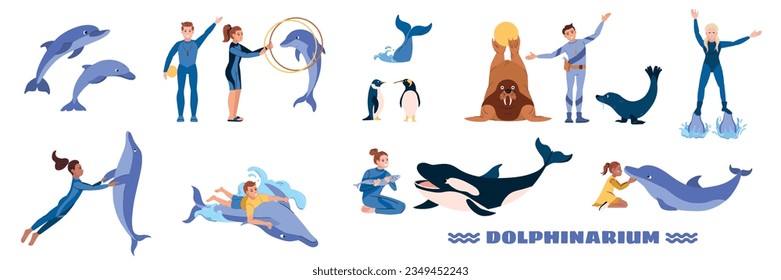 Dolphinarium flat set of handlers and animals during performance isolated on white background vector illustration