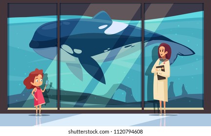 Dolphinarium horizontal composition with hotel aquarium wall and female human characters of interpreter and teenage girl vector illustration