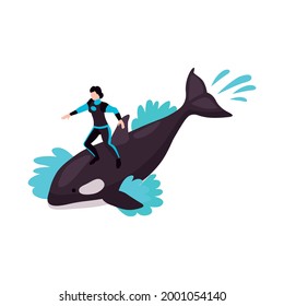 Dolphinarium isometric icon with character riding orca 3d vector illustration