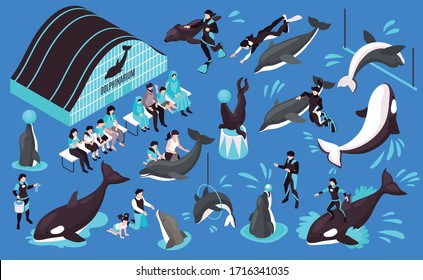 Dolphinarium isometric set of animal trainers dolphin orca performing in public and spectators isolated vector illustration