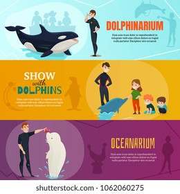 Dolphinarium show horizontal banners set with oceanarium symbols flat isolated vector illustration