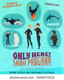 Dolphinarium show program poster with seals dolphins and whales symbols flat vector illustration
